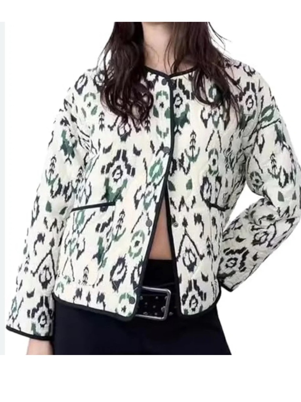ZARA Printed Quilted Padded Jacket M Ikat Cream Blue Green